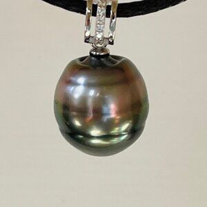 TAHITIAN SOUTH SEA Cultured Pearl Necklace Natural Metallic Green Gem 15x17mmNEW